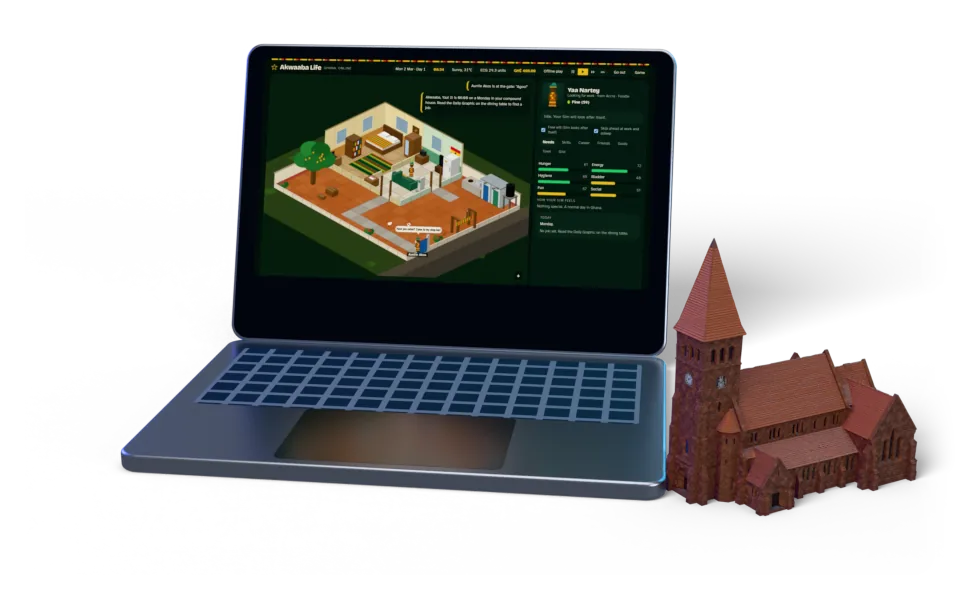 Akwaaba: Ghana Life on a laptop beside our 3D model of Holy Trinity Cathedral