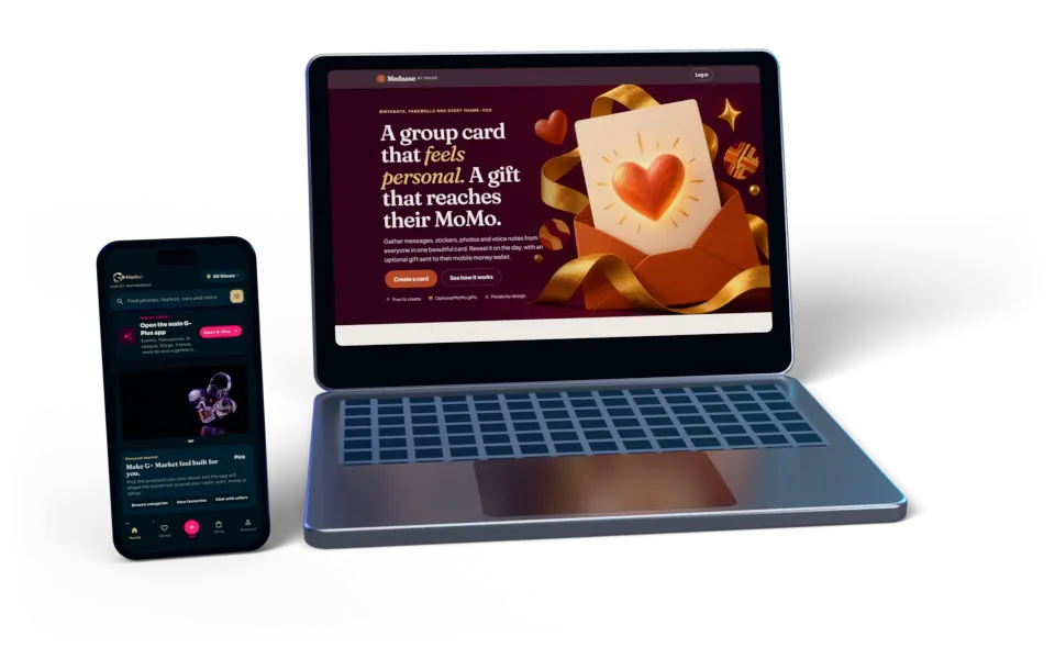 Medaase on a laptop and G+ Market on a phone